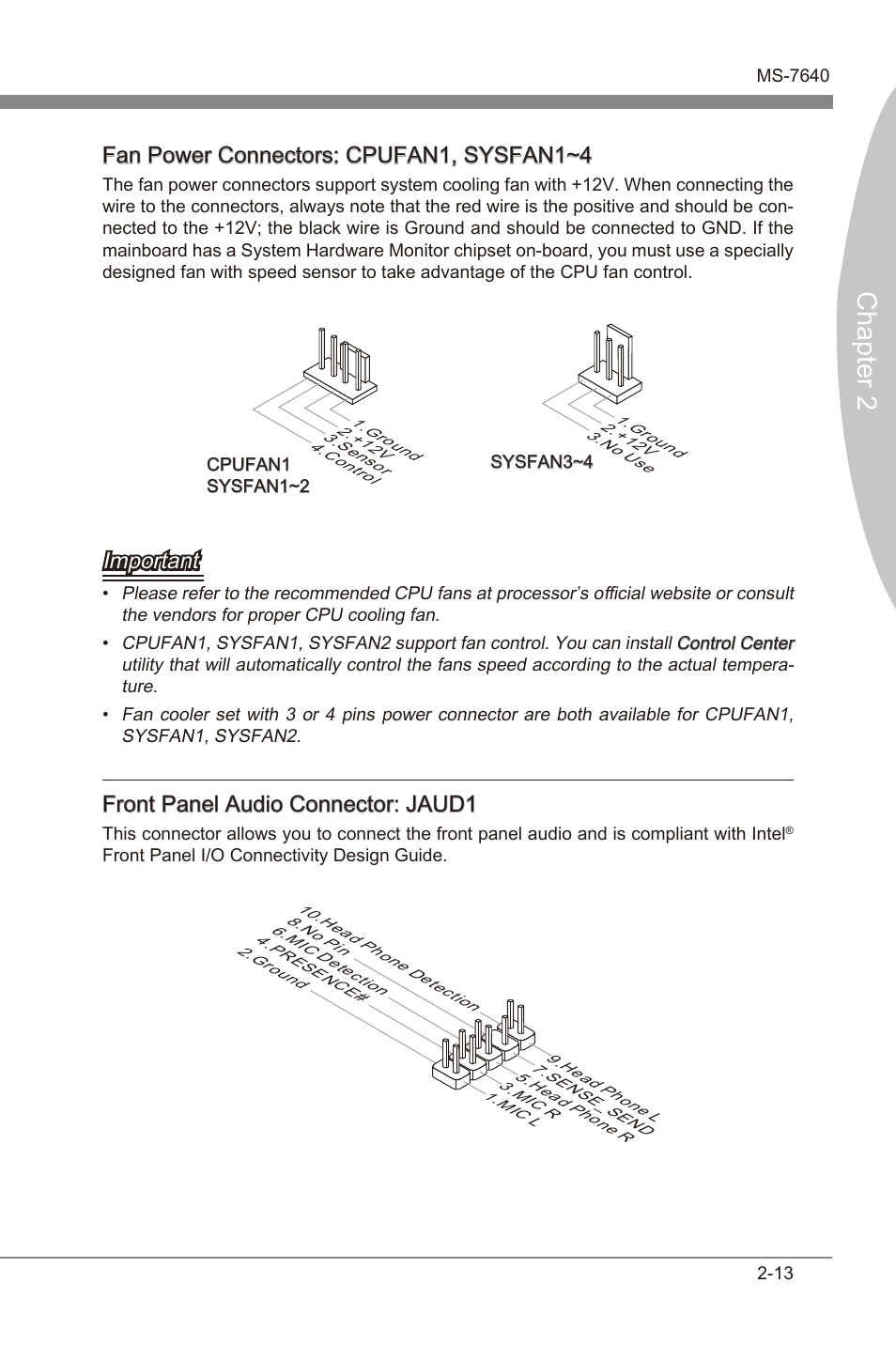 Chapter 2, Fan power connectors: cpufan1, sysfan1~4, Important | Front panel audo connector: jaud1 | MSI 990XA-GD55 User Manual | Page 29 / 74