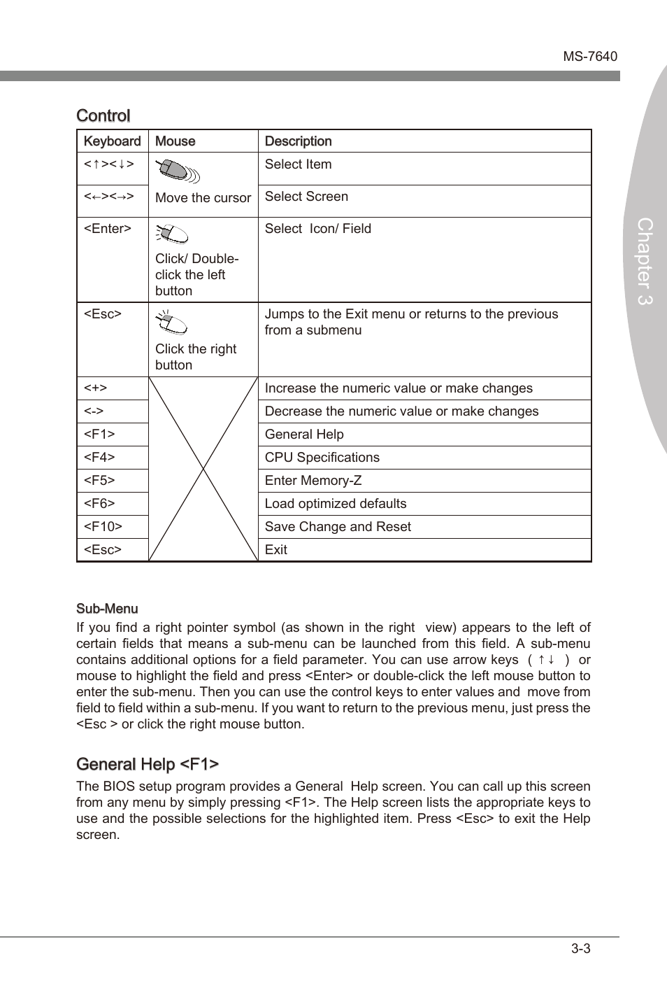 Chapter 3, Control, General help <f1 | MSI 990XA-GD55 User Manual | Page 39 / 74