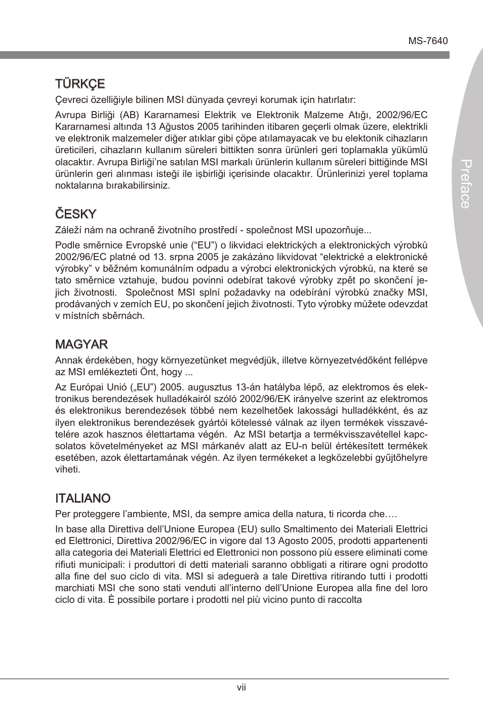 Preface, Türkçe, Česky | Magyar, Italiano | MSI 990XA-GD55 User Manual | Page 7 / 74