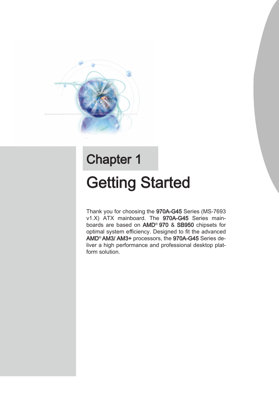 Chapter 1, Getting started, Chapter 1 gettng started -1 | Gettng started | MSI 970A-G45 User Manual | Page 11 / 76