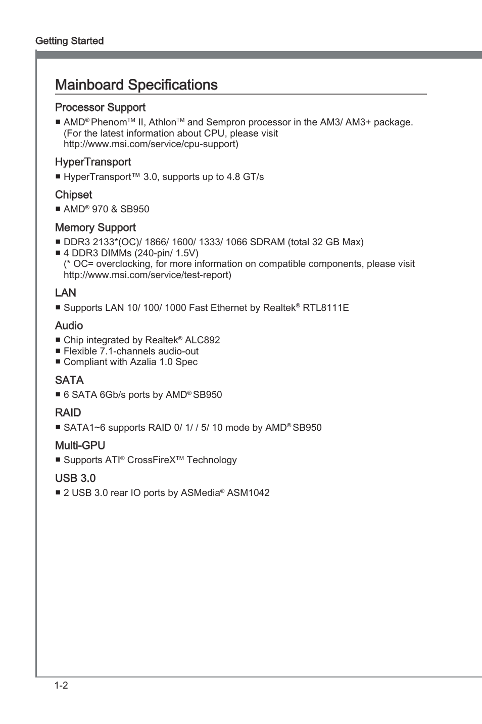 Mainboard specifications, Manboard specficatons -2, Manboard specficatons | MSI 970A-G45 User Manual | Page 12 / 76