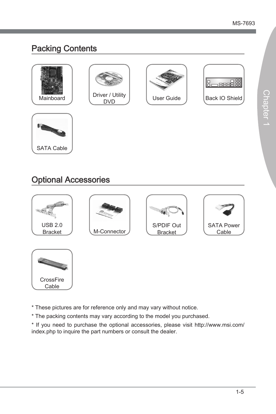 Packing contents, Optional accessories, Packng contents -5 optonal accessores -5 | Chapter 1 packng contents, Optonal accessores | MSI 970A-G45 User Manual | Page 15 / 76