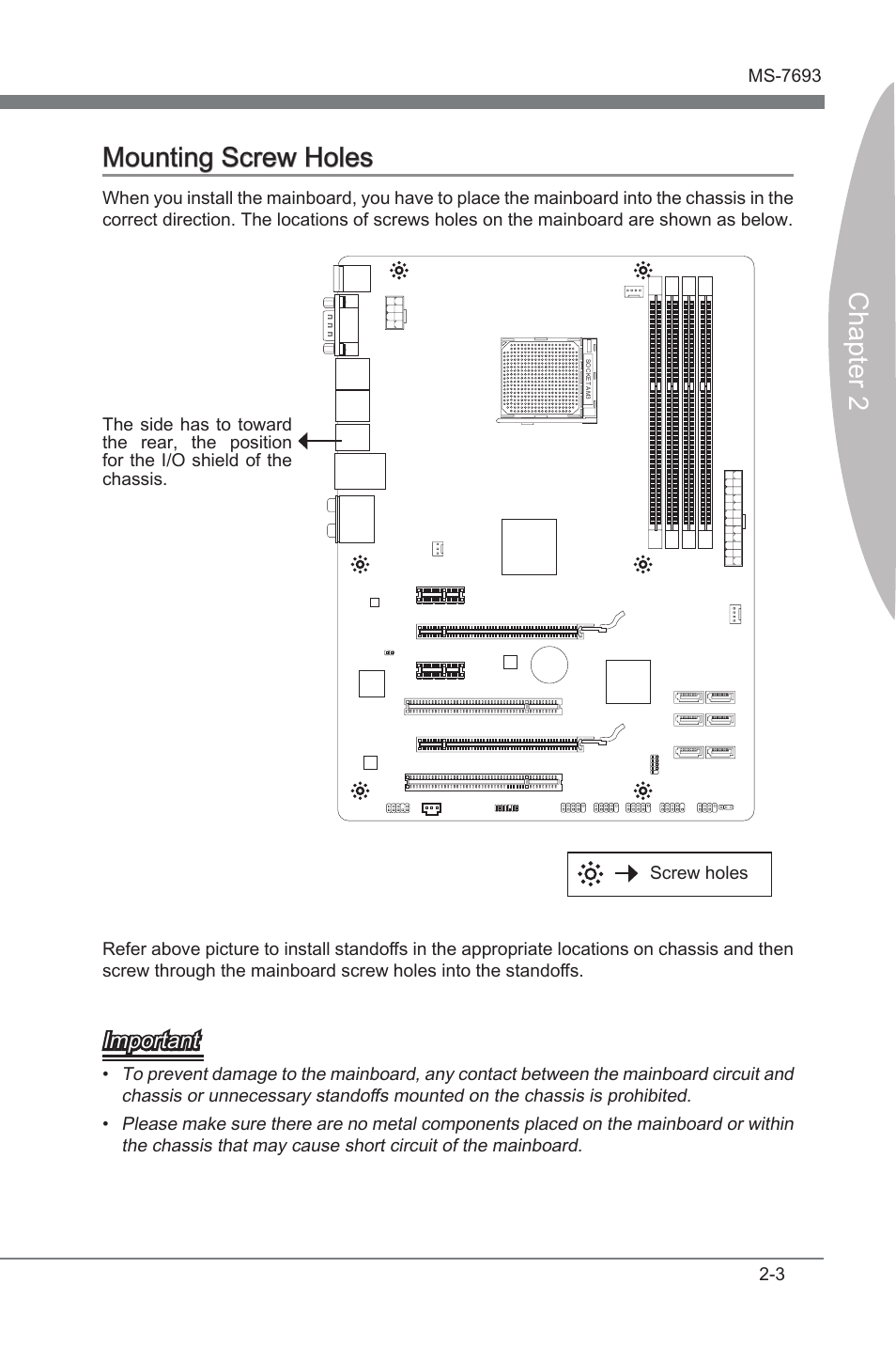 Mounting screw holes, Mountng screw holes -3, Chapter 2 mountng screw holes | Important | MSI 970A-G45 User Manual | Page 19 / 76