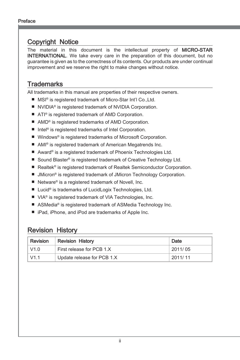 Copyright notice, Trademarks, Revision history | Preface, Copyrght notce, Revson hstory | MSI 970A-G45 User Manual | Page 2 / 76