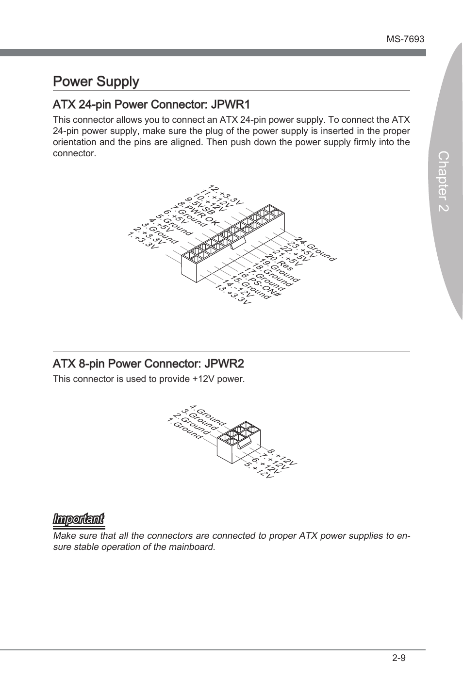 Power supply, Power supply -9, Chapter 2 power supply | Atx 24-pn power connector: jpwr1, Atx 8-pn power connector: jpwr2, Important | MSI 970A-G45 User Manual | Page 25 / 76