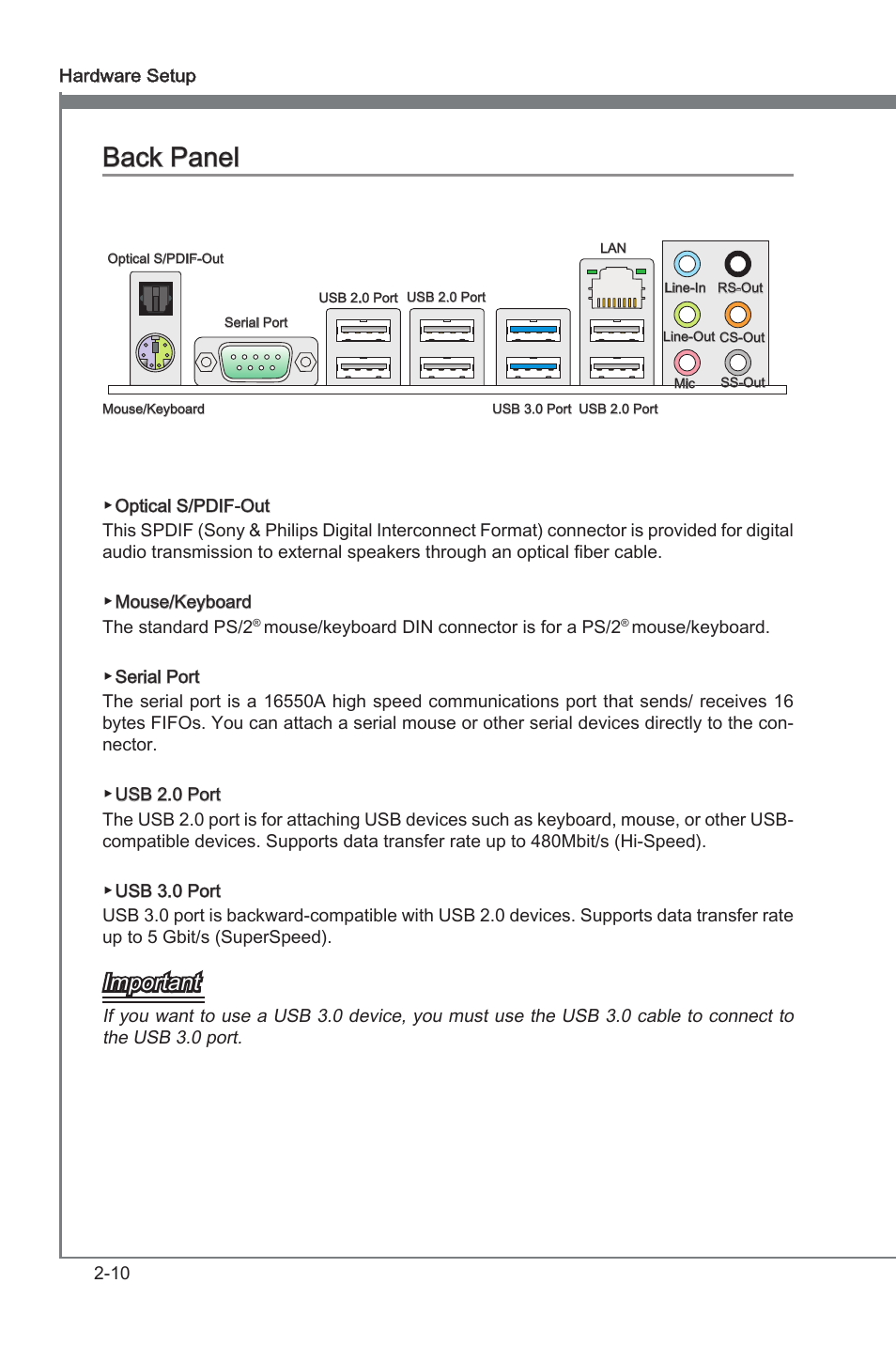 Back panel, Back panel -10, Important | MSI 970A-G45 User Manual | Page 26 / 76