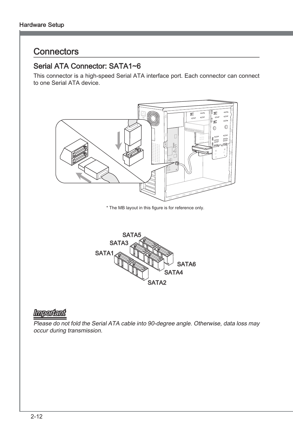 Connectors, Connectors -12, Seral ata connector: sata1~6 | Important | MSI 970A-G45 User Manual | Page 28 / 76