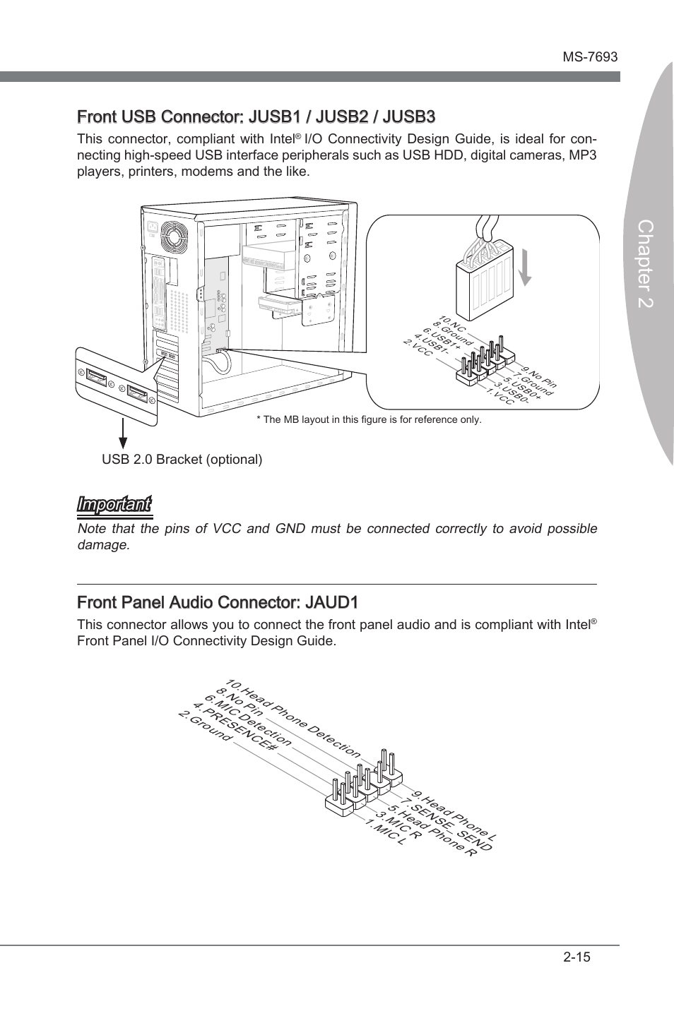 Chapter 2, Front usb connector: jusb1 / jusb2 / jusb3, Important | Front panel audo connector: jaud1 | MSI 970A-G45 User Manual | Page 31 / 76