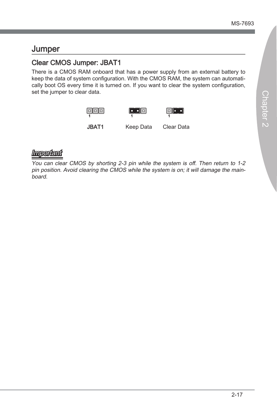 Jumper, Jumper -17, Chapter 2 jumper | Clear cmos jumper: jbat1, Important | MSI 970A-G45 User Manual | Page 33 / 76