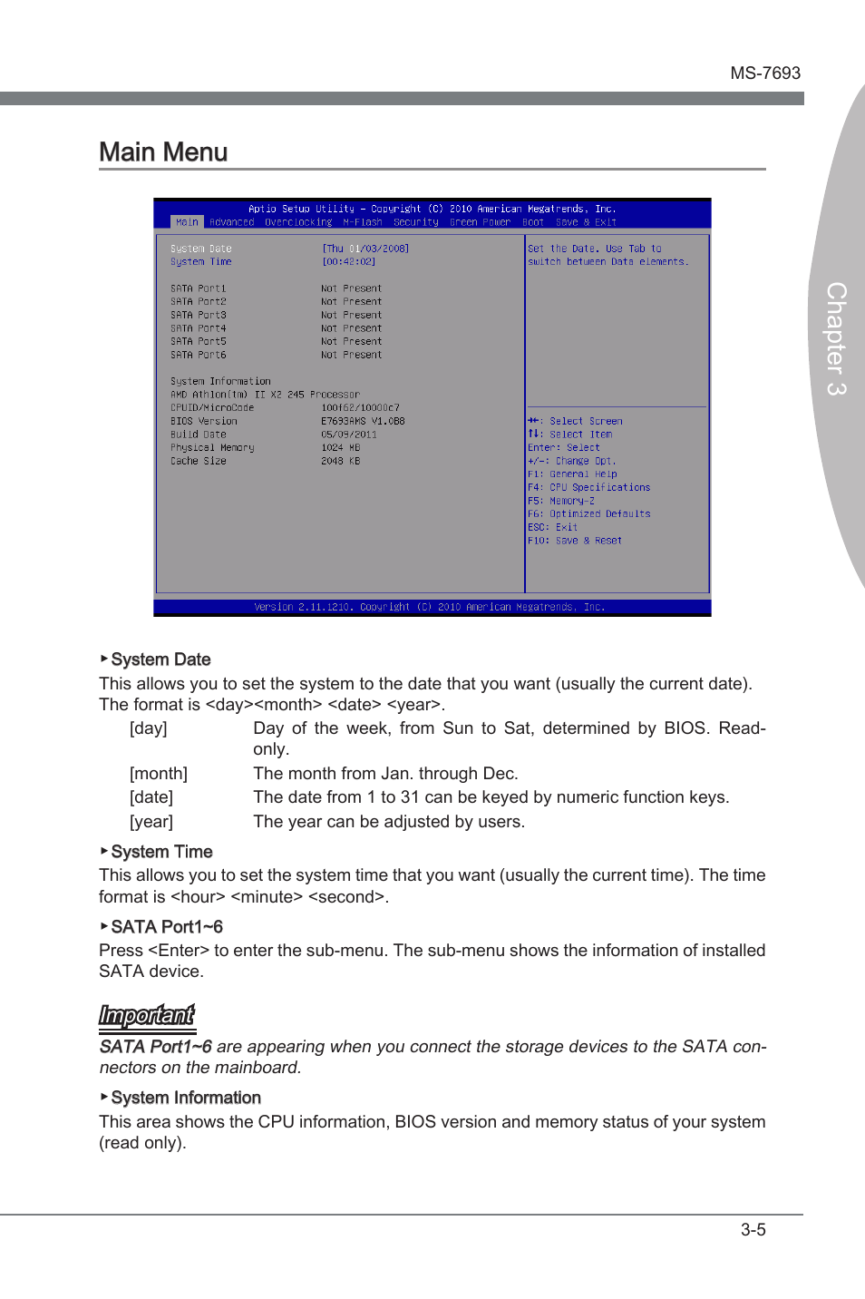 Main menu, Man menu -5, Chapter 3 | Chapter 3 man menu, Important | MSI 970A-G45 User Manual | Page 41 / 76