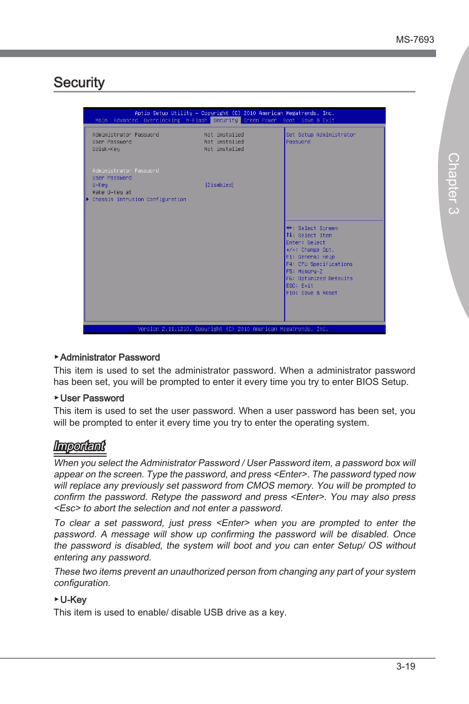Security, Securty -19, Chapter 3 | Chapter 3 securty, Important | MSI 970A-G45 User Manual | Page 55 / 76