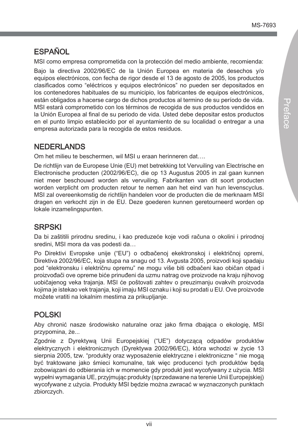 Preface, Español, Nederlands | Srpski, Polski | MSI 970A-G45 User Manual | Page 7 / 76