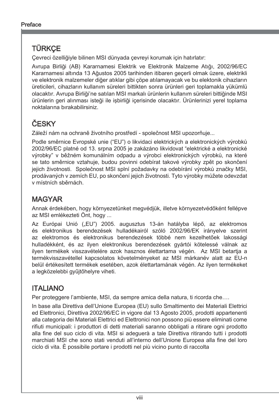 Preface, Türkçe, Česky | Magyar, Italiano | MSI 970A-G45 User Manual | Page 8 / 76