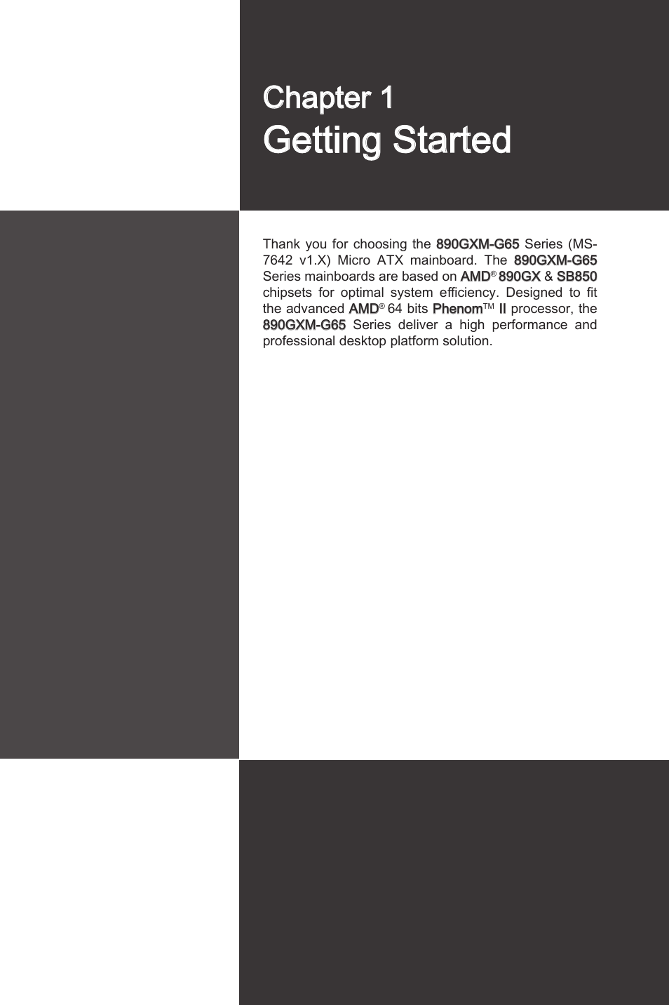 Chapter 1, Getting started, Chapter 1 gettng started -1 | Gettng started | MSI 890GXM-G65 User Manual | Page 11 / 110