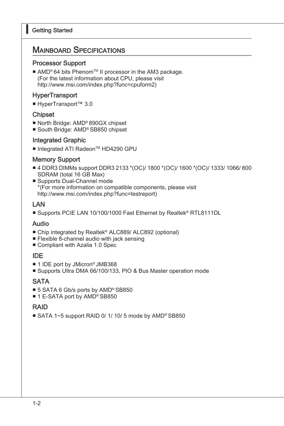 Mainboard specifications, Manboard specficatons -2 | MSI 890GXM-G65 User Manual | Page 12 / 110
