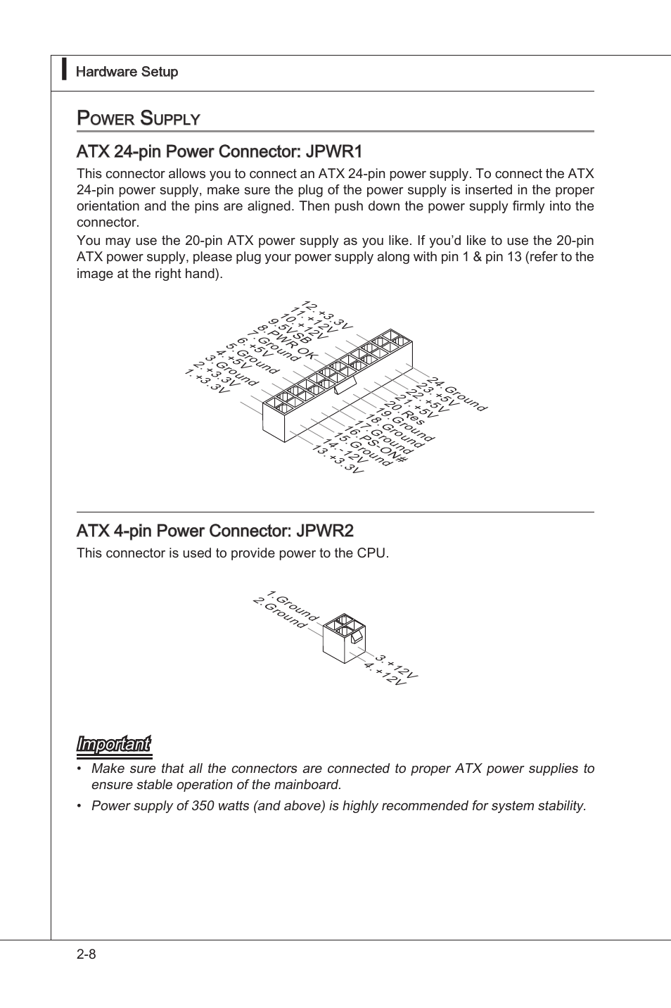 Power supply, Power supply -8, Atx 24-pn power connector: jpwr1 | Atx 4-pn power connector: jpwr2, Important | MSI 890GXM-G65 User Manual | Page 24 / 110