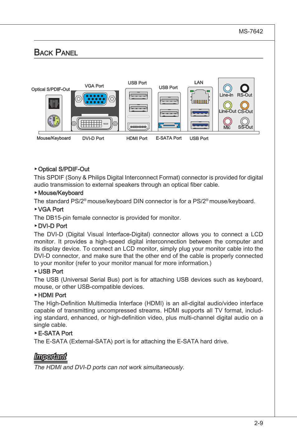 Back panel, Back panel -9, Important | MSI 890GXM-G65 User Manual | Page 25 / 110