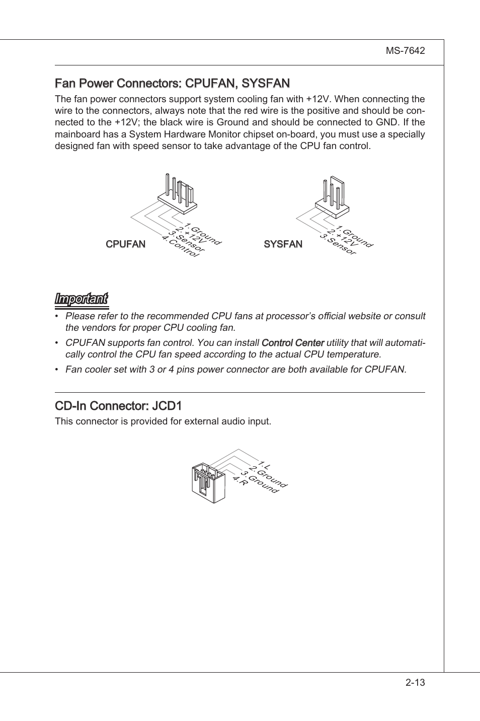 Fan power connectors: cpufan, sysfan, Important, Cd-in connector: jcd1 | MSI 890GXM-G65 User Manual | Page 29 / 110