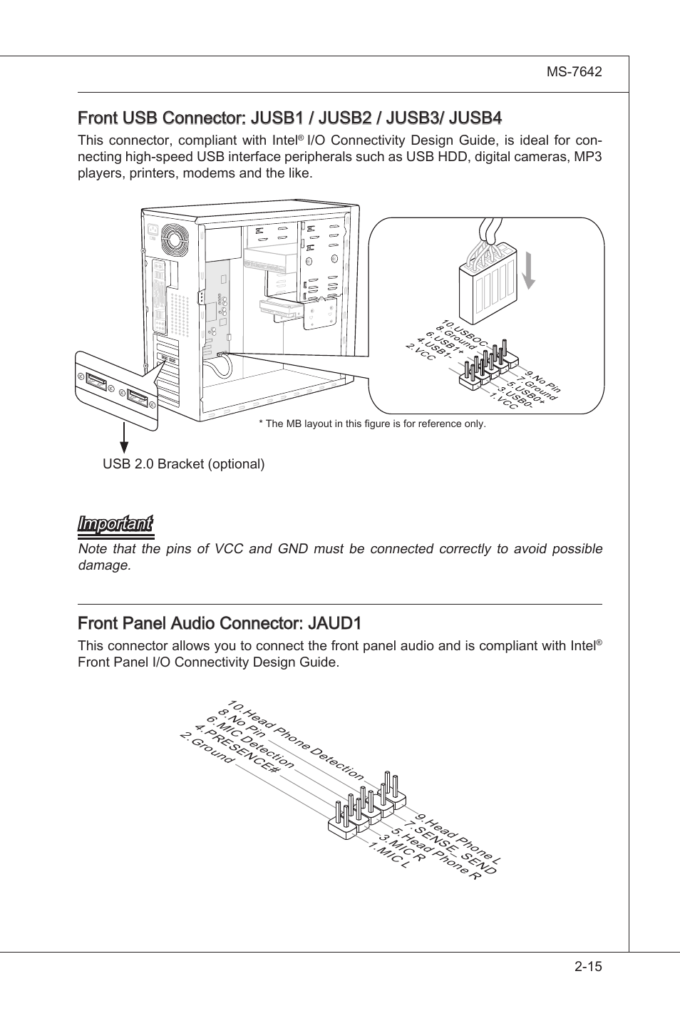 Front usb connector: jusb1 / jusb2 / jusb3/ jusb4, Important, Front panel audo connector: jaud1 | MSI 890GXM-G65 User Manual | Page 31 / 110