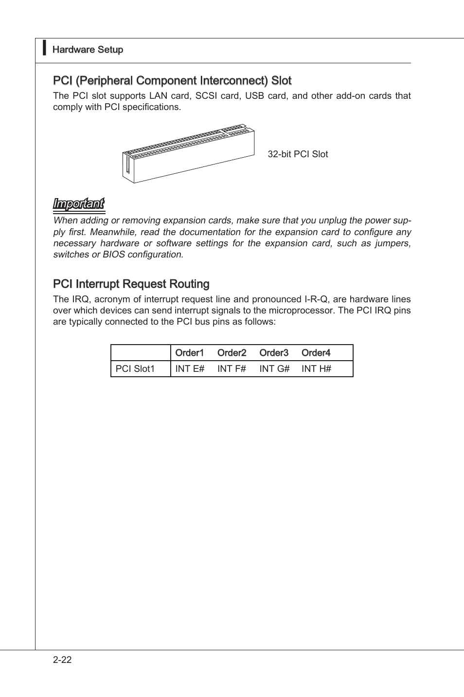 Pci (perpheral component interconnect) slot, Important, Pci interrupt request routng | MSI 890GXM-G65 User Manual | Page 38 / 110