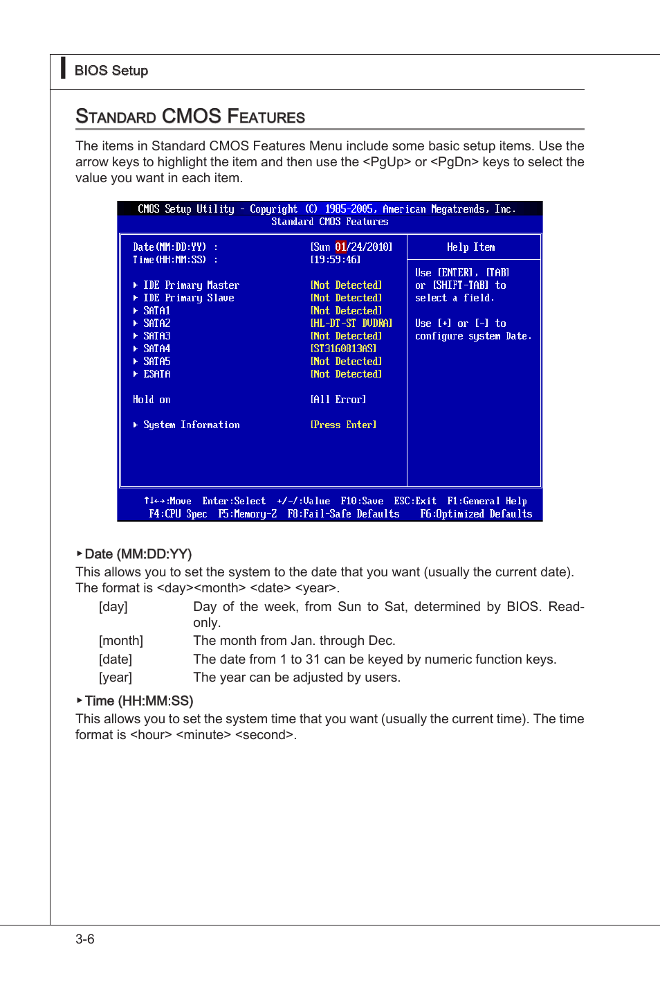 Standard cmos features, Standard cmos features -6, Cmos f | MSI 890GXM-G65 User Manual | Page 46 / 110