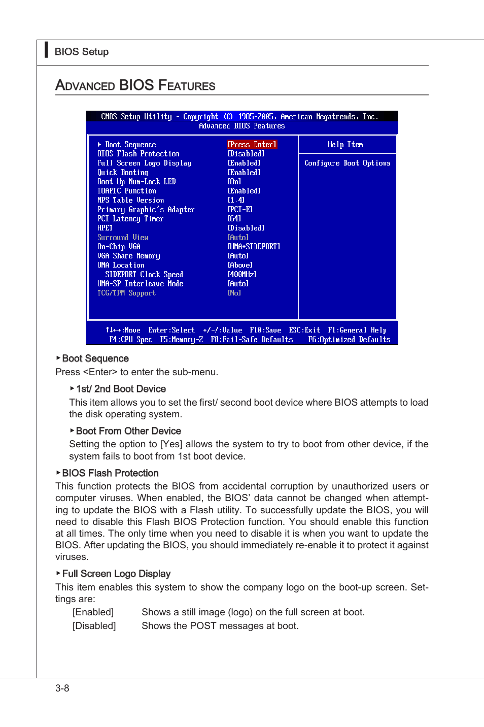 Advanced bios features, Advanced bios features -8, Bios f | MSI 890GXM-G65 User Manual | Page 48 / 110