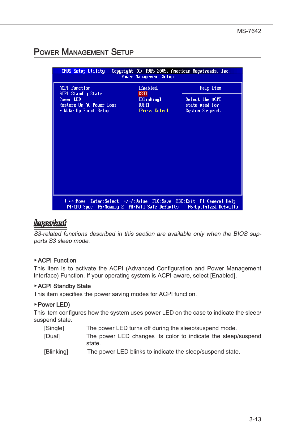 Power management setup, Power management setup -13, Important | MSI 890GXM-G65 User Manual | Page 53 / 110