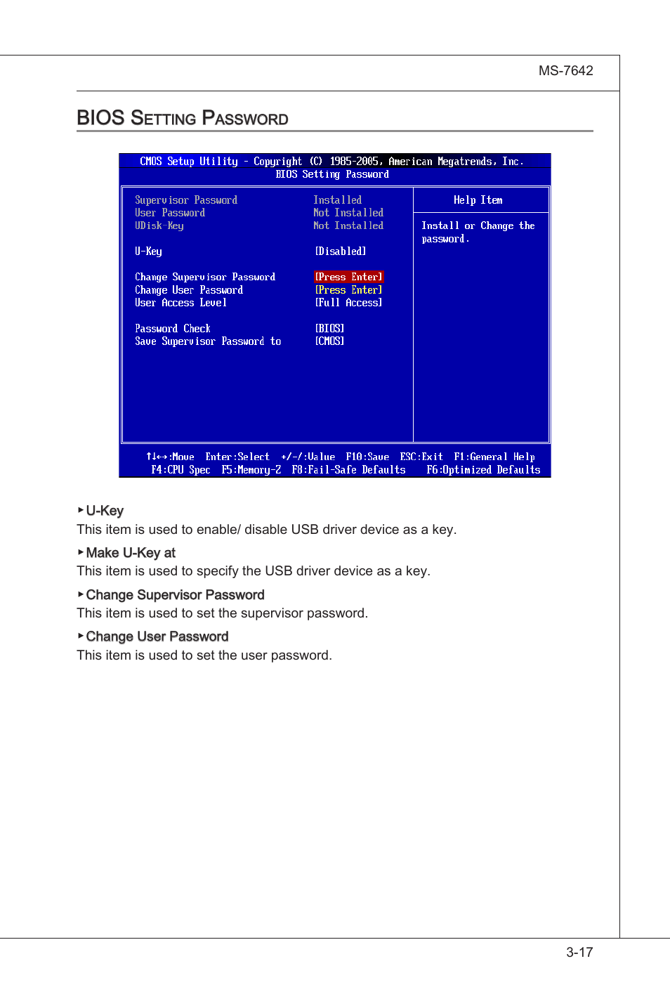 Bios setting password, Bios settng password -17, Bios s | MSI 890GXM-G65 User Manual | Page 57 / 110