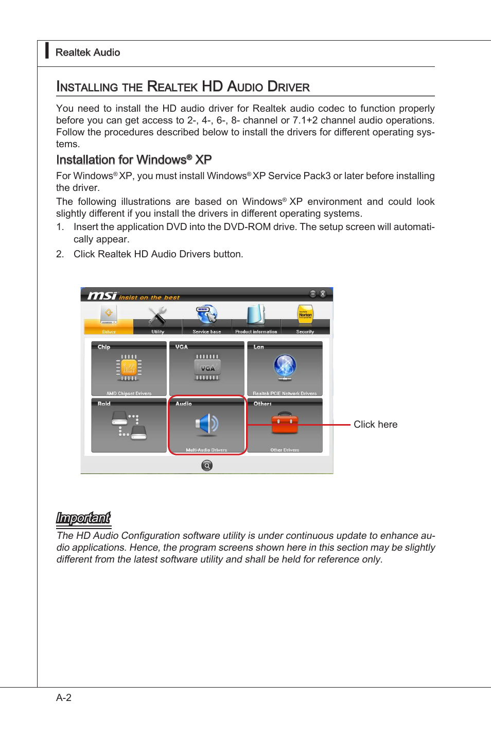 Installing the realtek hd audio driver, Hd a, Installaton for wndows | Important | MSI 890GXM-G65 User Manual | Page 72 / 110