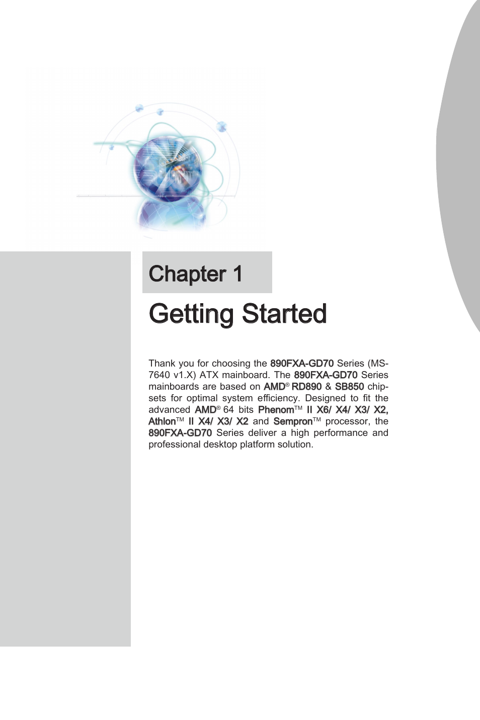 Chapter 1, Getting started, Chapter 1 gettng started -1 | Gettng started | MSI 890FXA-GD70 User Manual | Page 11 / 90