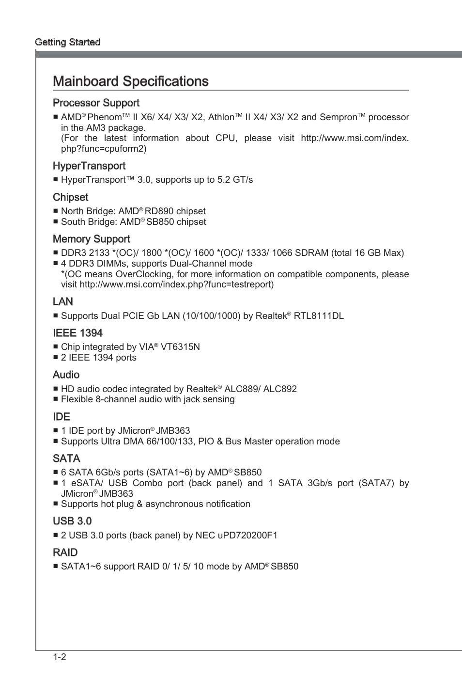 Mainboard specifications, Manboard specficatons -2, Chapter 1 | Chapter 1 manboard specficatons | MSI 890FXA-GD70 User Manual | Page 12 / 90