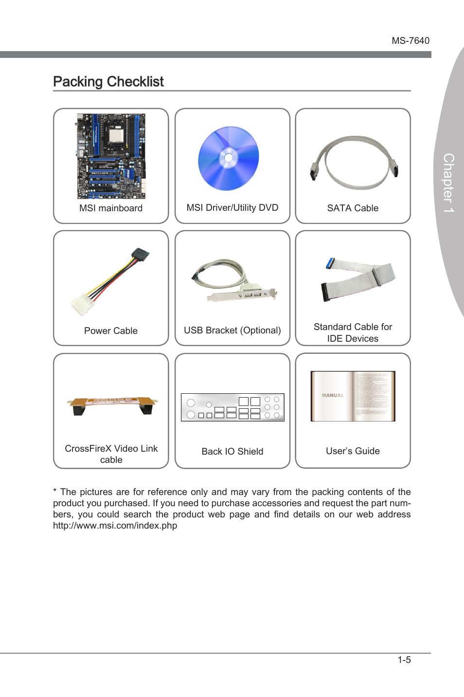 Packing checklist, Packng checklst -5, Chapter 1 | Packng checklst | MSI 890FXA-GD70 User Manual | Page 15 / 90
