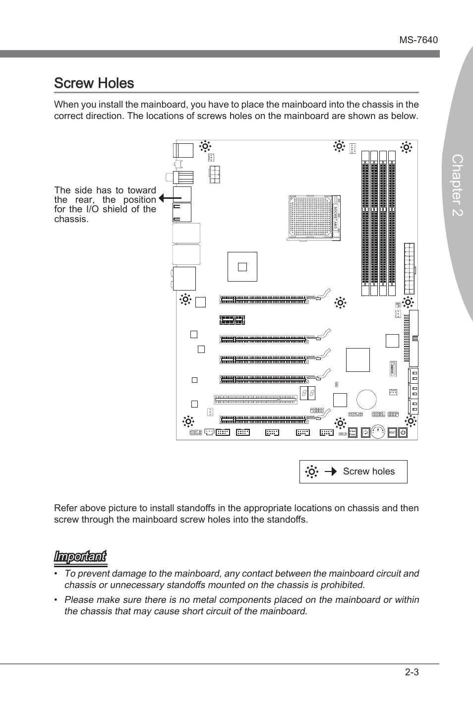 Screw holes, Screw holes -3, Chapter 2 | Chapter 2 screw holes, Important | MSI 890FXA-GD70 User Manual | Page 19 / 90