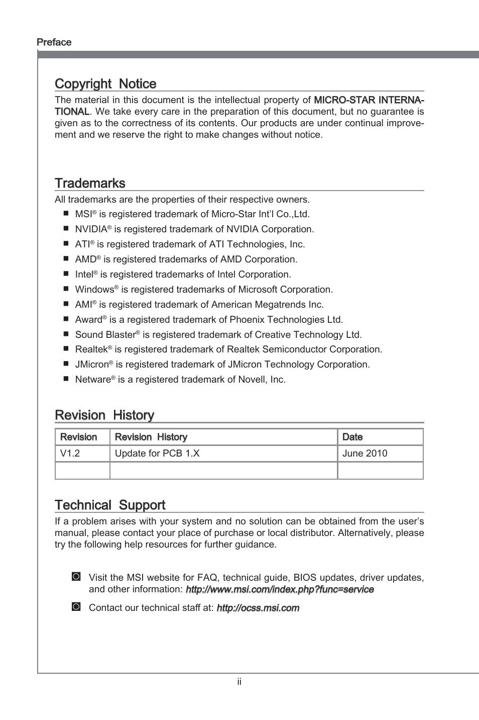 Copyright notice, Trademarks, Revision history | Technical support, Preface, Copyrght notce, Revson hstory, Techncal support | MSI 890FXA-GD70 User Manual | Page 2 / 90