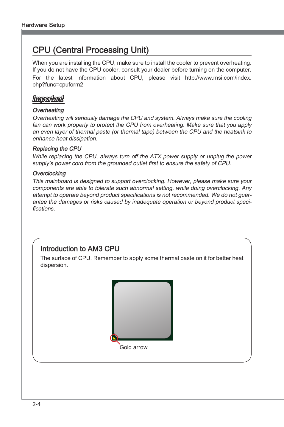 Cpu (central processing unit), Cpu (central processng unt) -4, Chapter 2 | Chapter 2 cpu (central processng unt), Important, Introducton to am3 cpu | MSI 890FXA-GD70 User Manual | Page 20 / 90