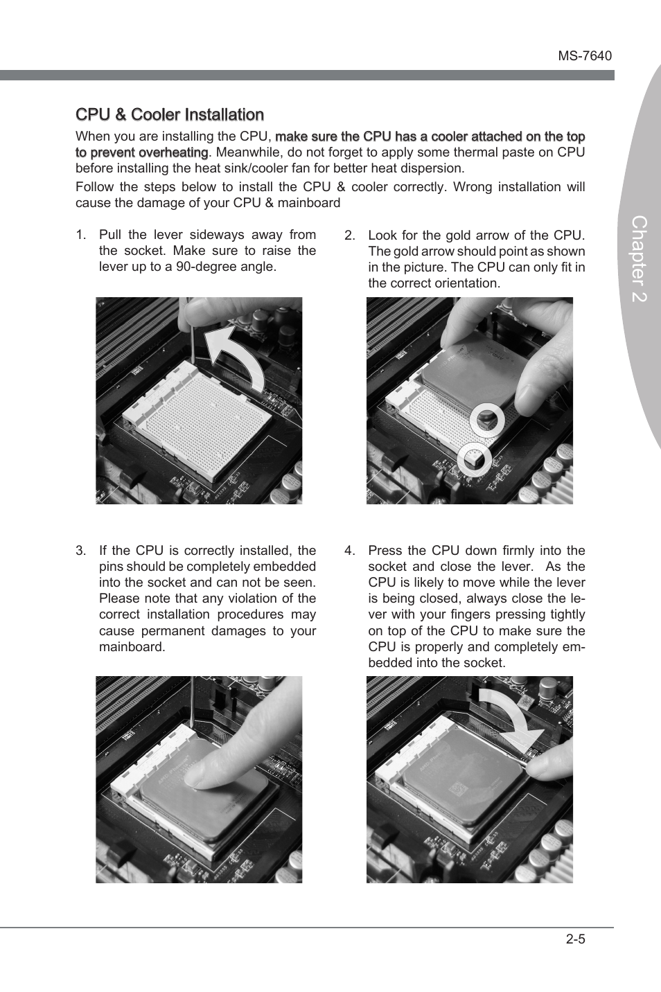 Chapter 2, Cpu & cooler installaton | MSI 890FXA-GD70 User Manual | Page 21 / 90