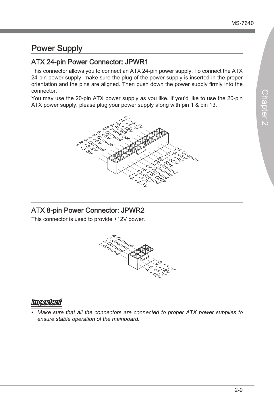 Power supply, Power supply -9, Chapter 2 | Chapter 2 power supply, Atx 24-pn power connector: jpwr1, Atx 8-pn power connector: jpwr2, Important | MSI 890FXA-GD70 User Manual | Page 25 / 90