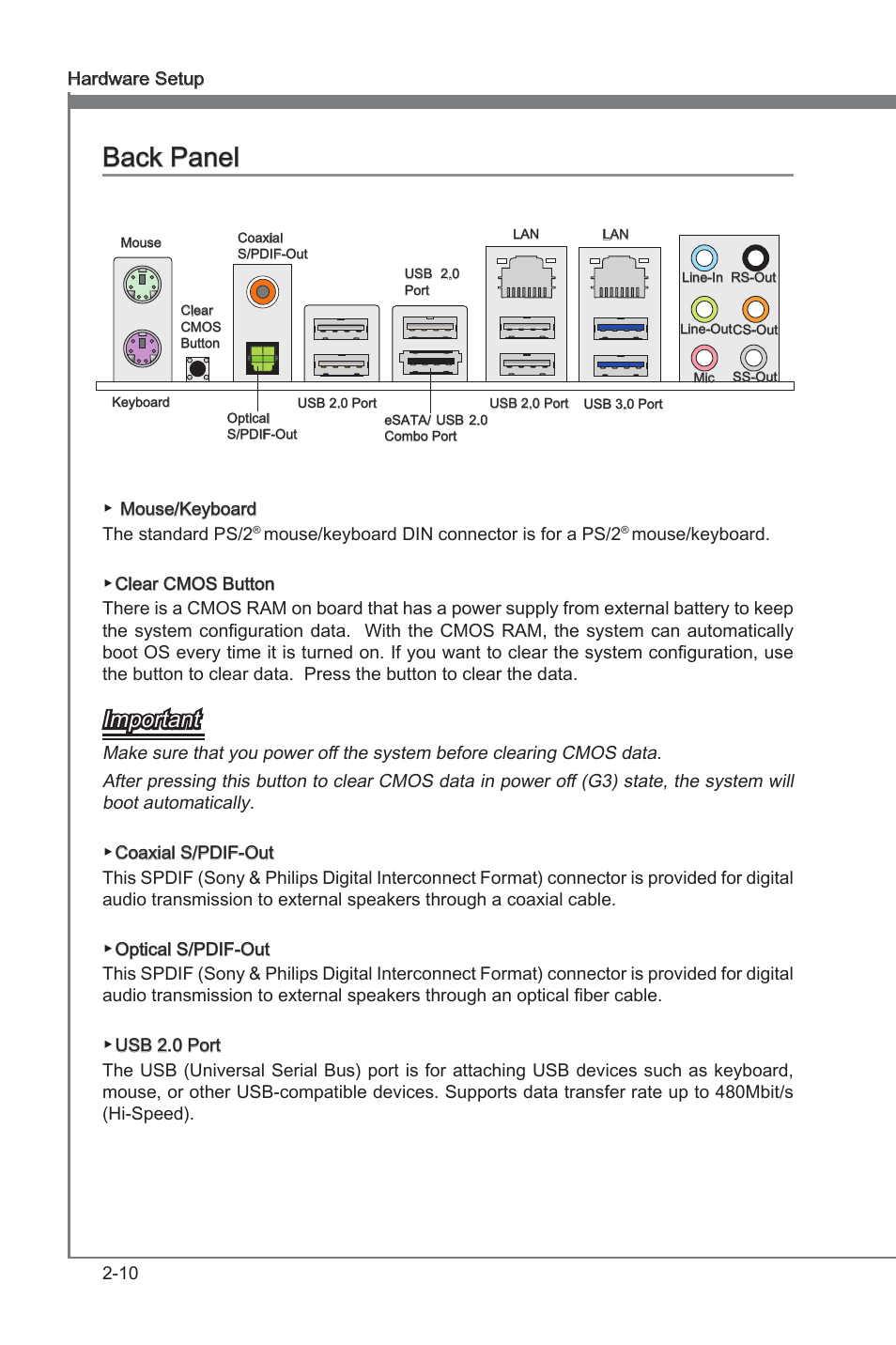 Back panel, Back panel -10, Chapter 2 | Chapter 2 back panel, Important | MSI 890FXA-GD70 User Manual | Page 26 / 90