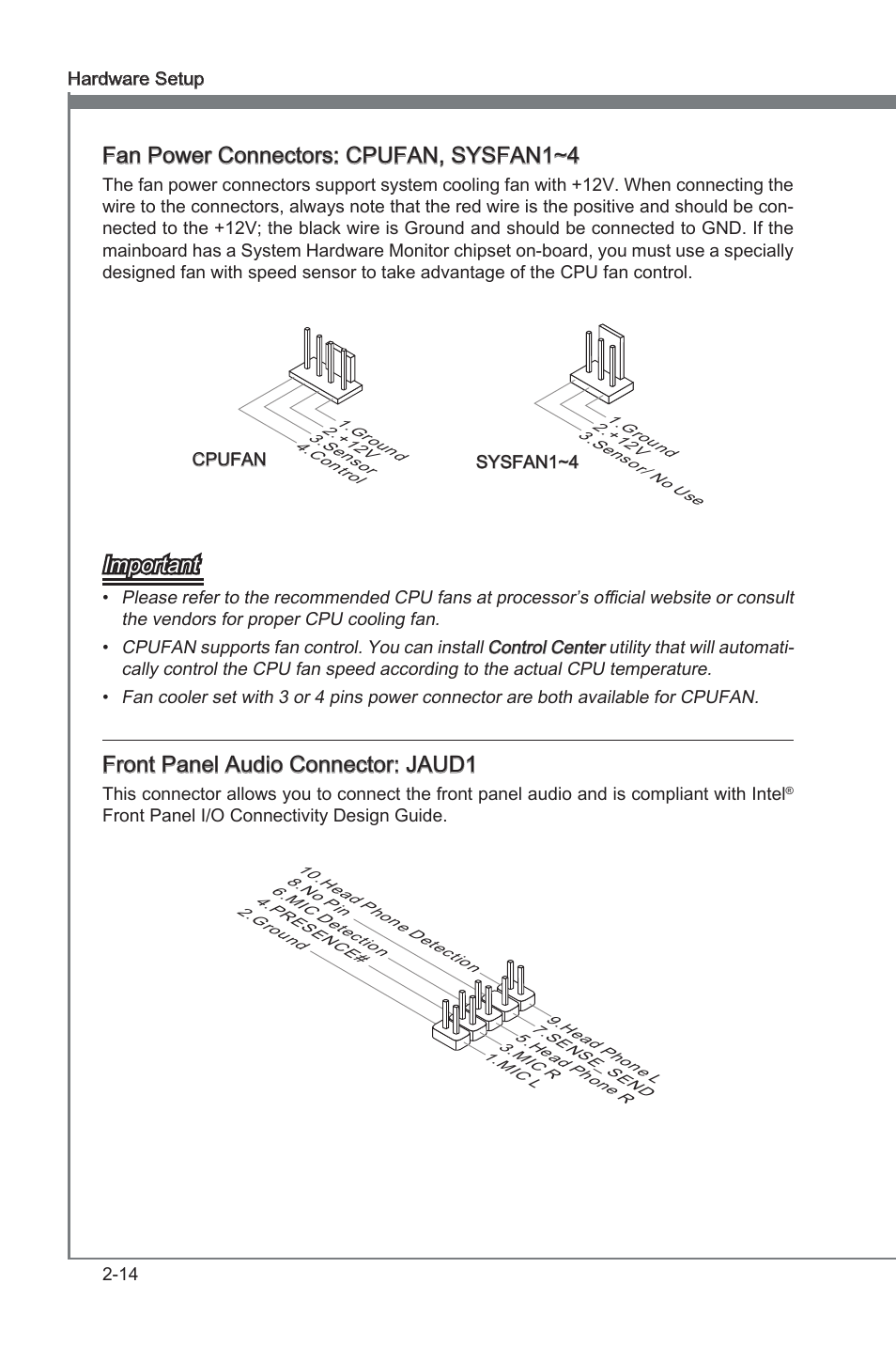 Chapter 2, Fan power connectors: cpufan, sysfan1~4, Important | Front panel audo connector: jaud1 | MSI 890FXA-GD70 User Manual | Page 30 / 90