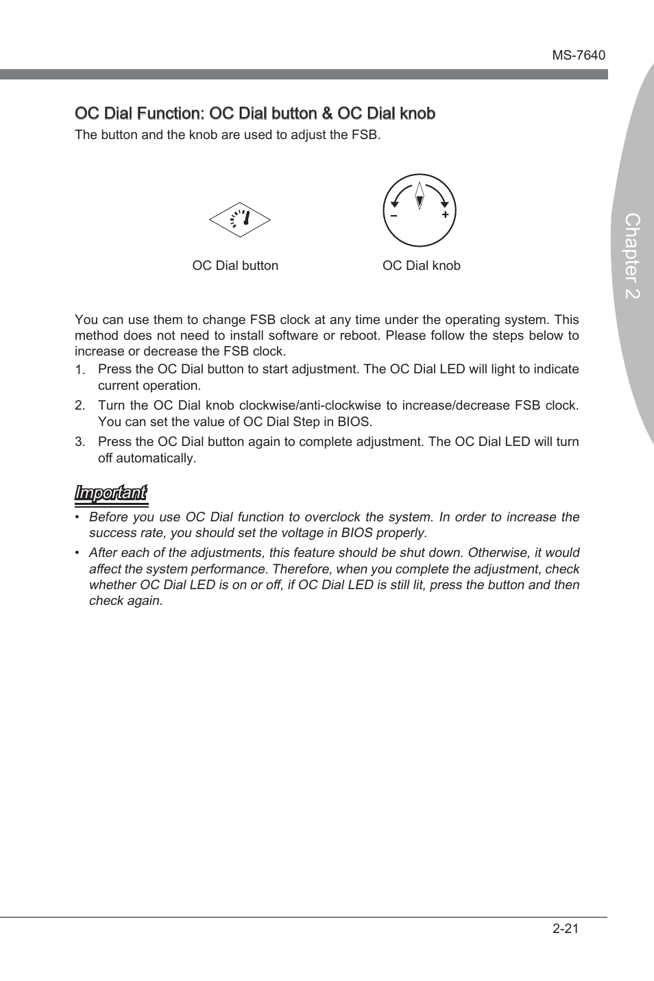 Chapter 2, Oc dal functon: oc dal button & oc dal knob, Important | MSI 890FXA-GD70 User Manual | Page 37 / 90