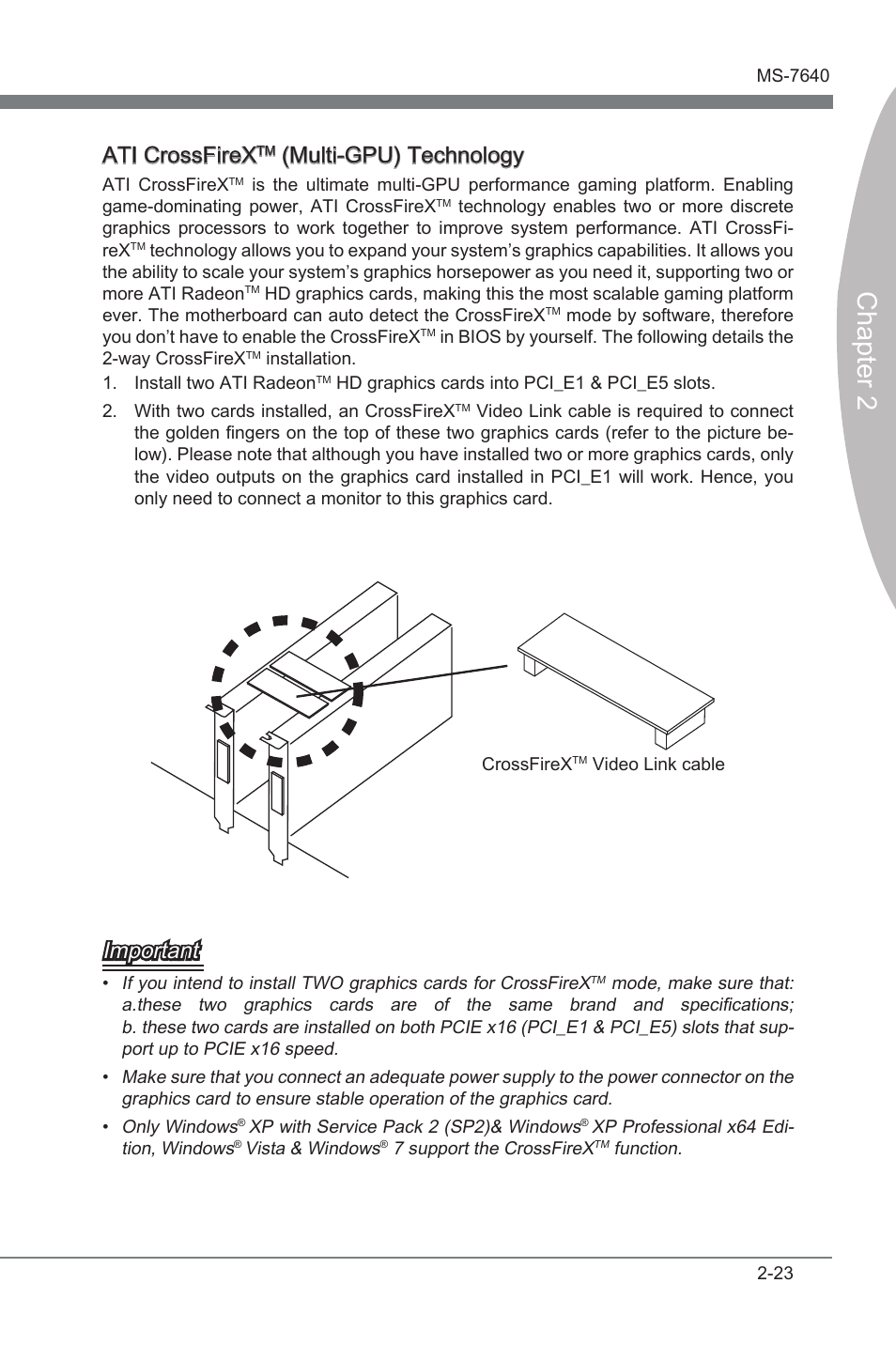 Chapter 2, Ati crossfrex, Mult-gpu) technology | Important | MSI 890FXA-GD70 User Manual | Page 39 / 90