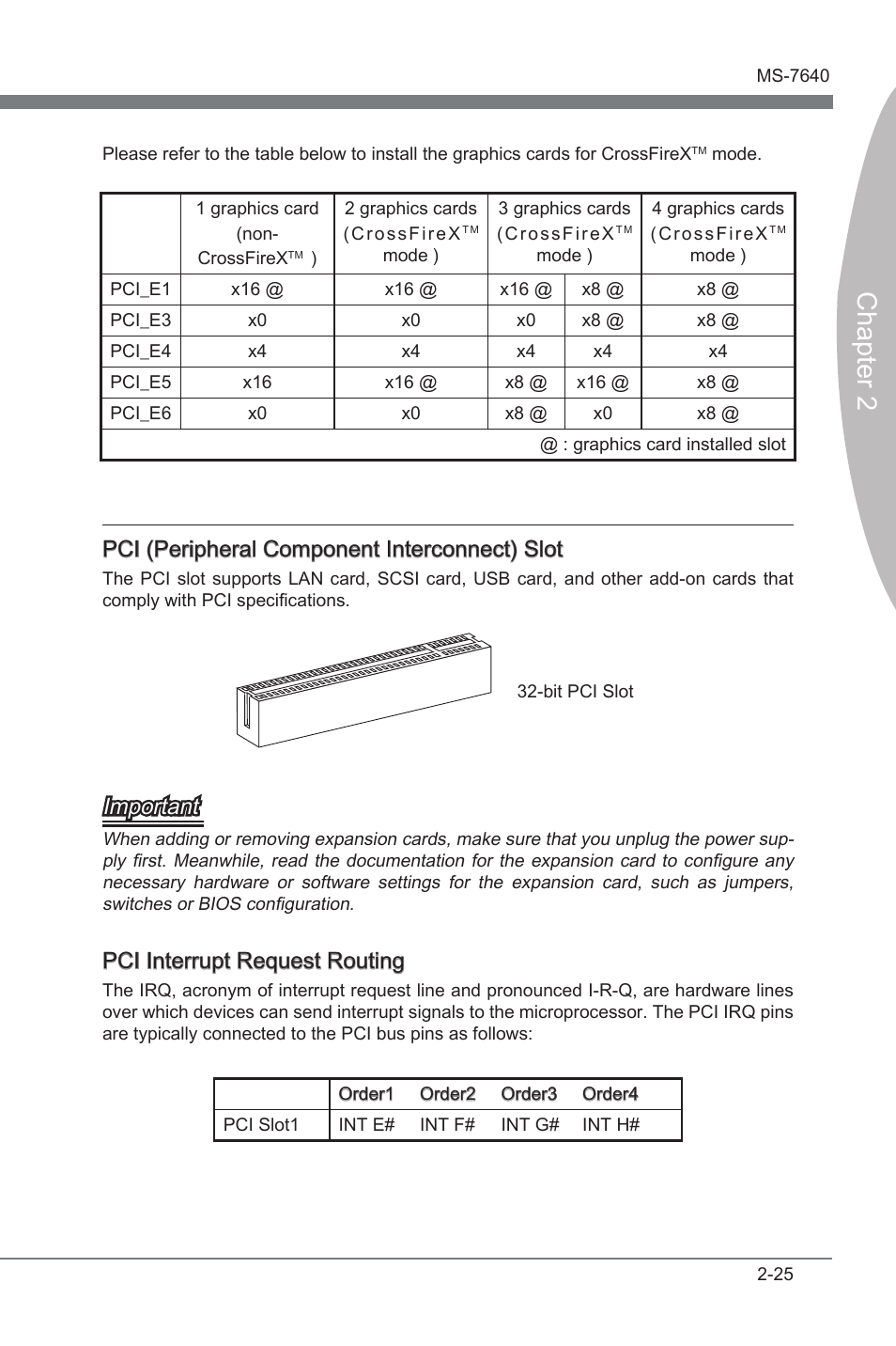 Chapter 2, Pci (perpheral component interconnect) slot, Important | Pci interrupt request routng | MSI 890FXA-GD70 User Manual | Page 41 / 90