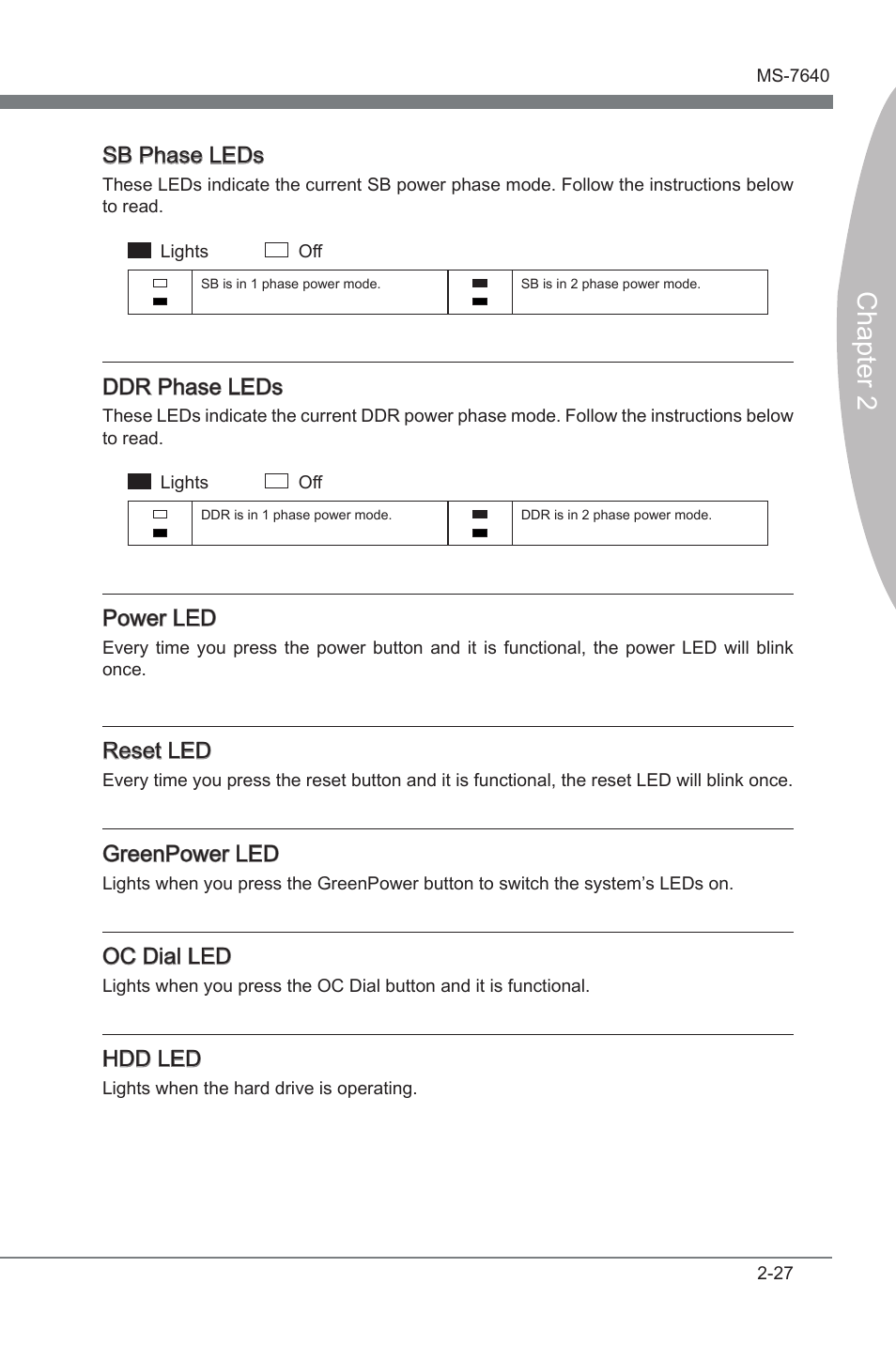 Chapter 2, Sb phase leds, Ddr phase leds | Power led, Reset led, Greenpower led, Oc dal led, Hdd led | MSI 890FXA-GD70 User Manual | Page 43 / 90