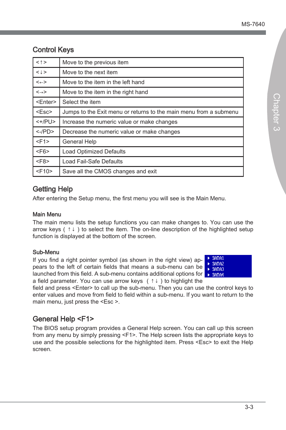 Chapter 3, Control keys, Gettng help | General help <f1 | MSI 890FXA-GD70 User Manual | Page 47 / 90