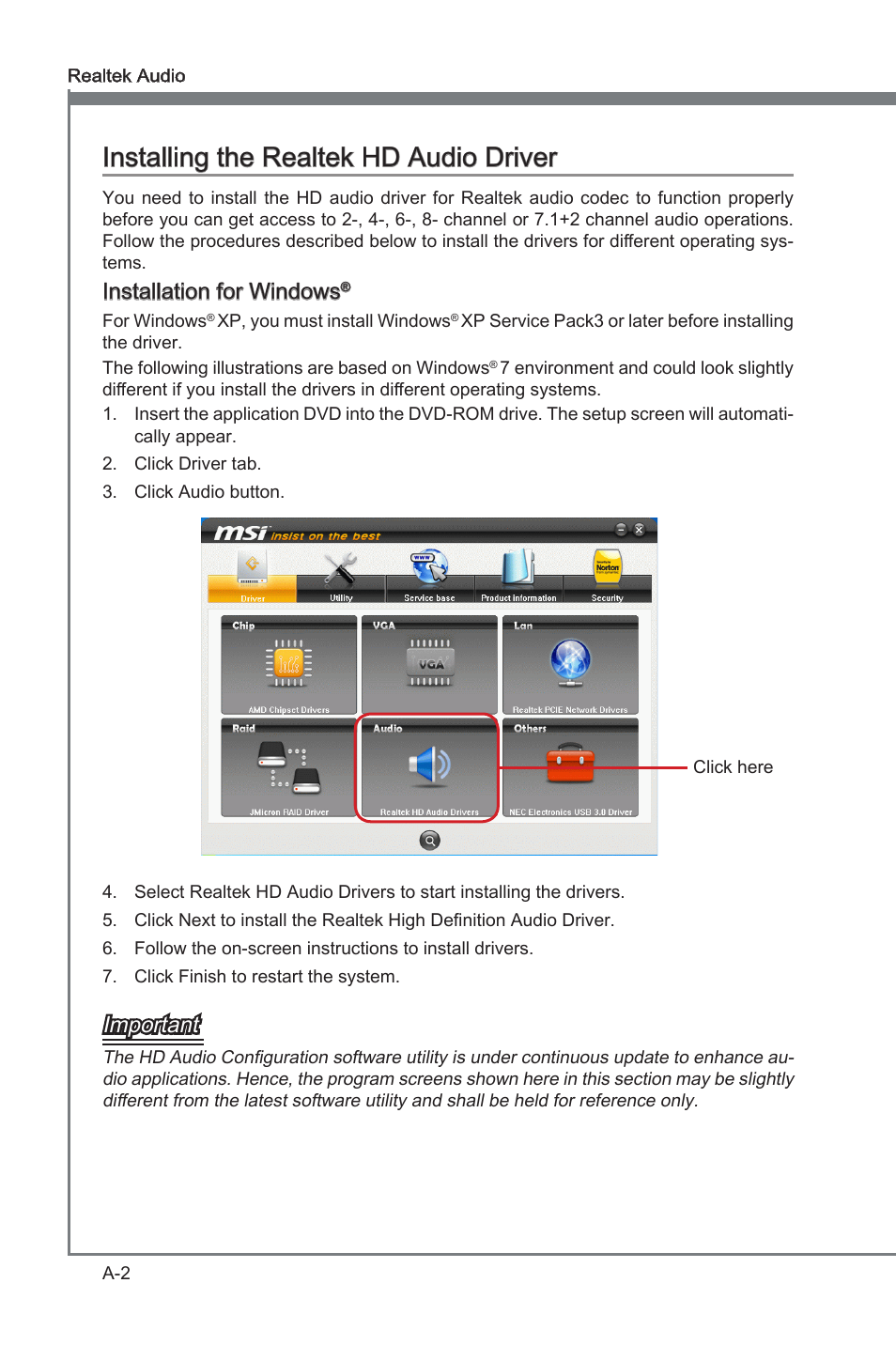 Installing the realtek hd audio driver, Append x a, Append x a installng the realtek hd audo drver | Installaton for wndows, Important | MSI 890FXA-GD70 User Manual | Page 76 / 90