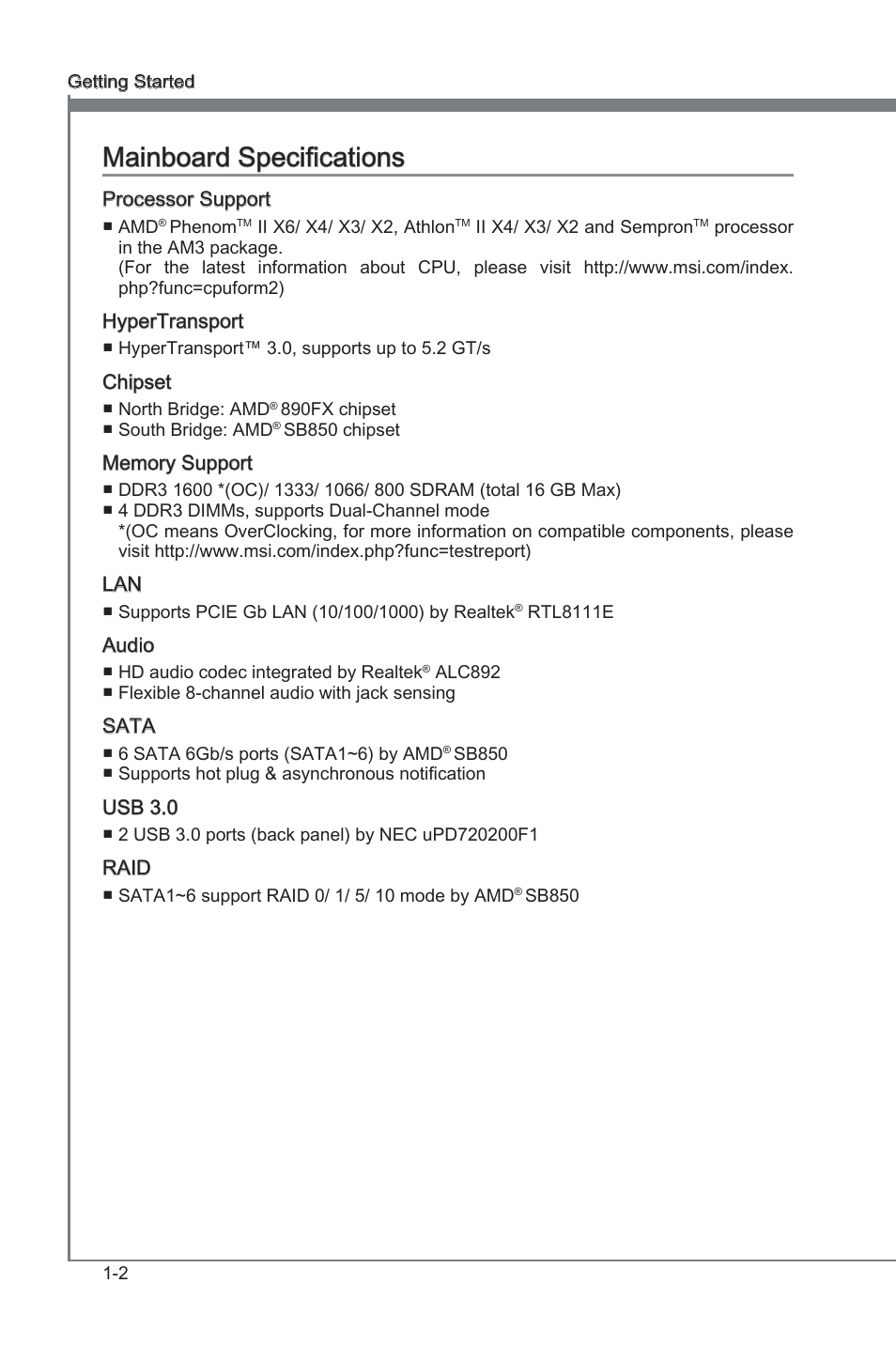 Mainboard specifications, Manboard specficatons -2, Chapter 1 | Chapter 1 manboard specficatons | MSI 890FXA-GD65 User Manual | Page 12 / 80