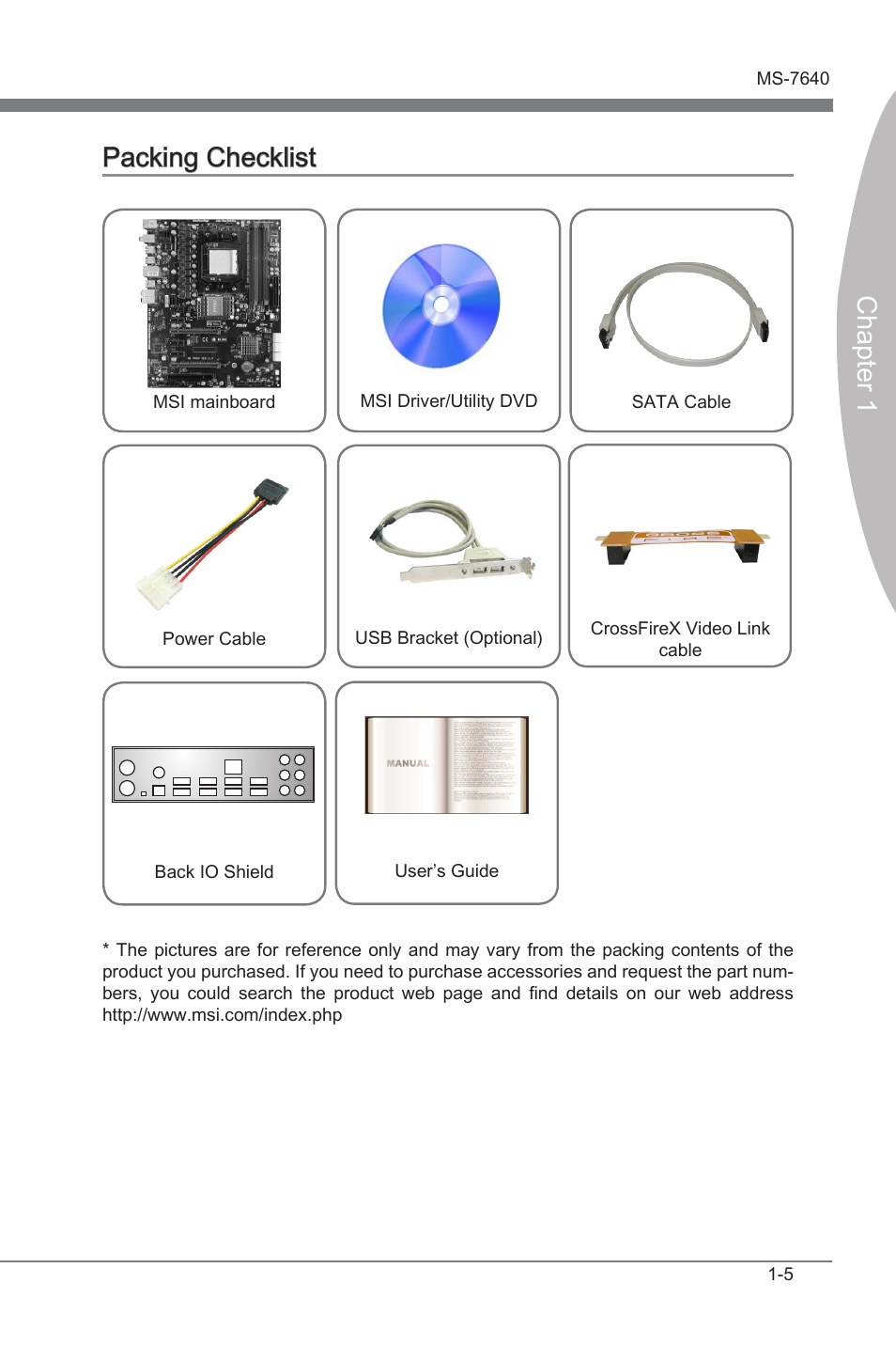 Packing checklist, Packng checklst -5, Chapter 1 | Packng checklst | MSI 890FXA-GD65 User Manual | Page 15 / 80