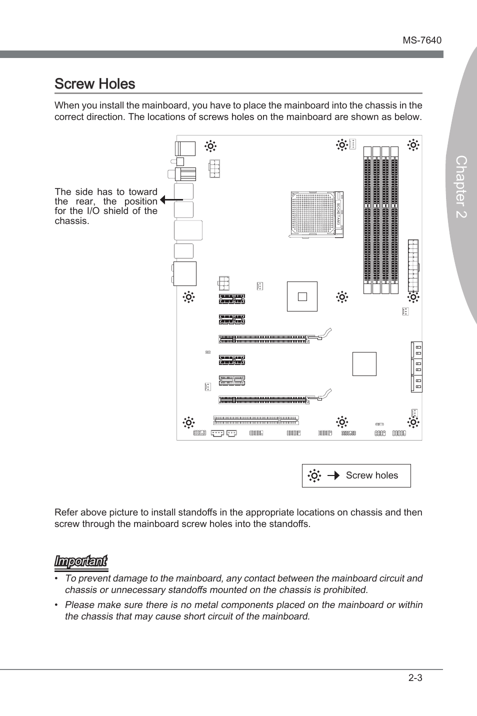 Screw holes, Screw holes -3, Chapter 2 | Important | MSI 890FXA-GD65 User Manual | Page 19 / 80