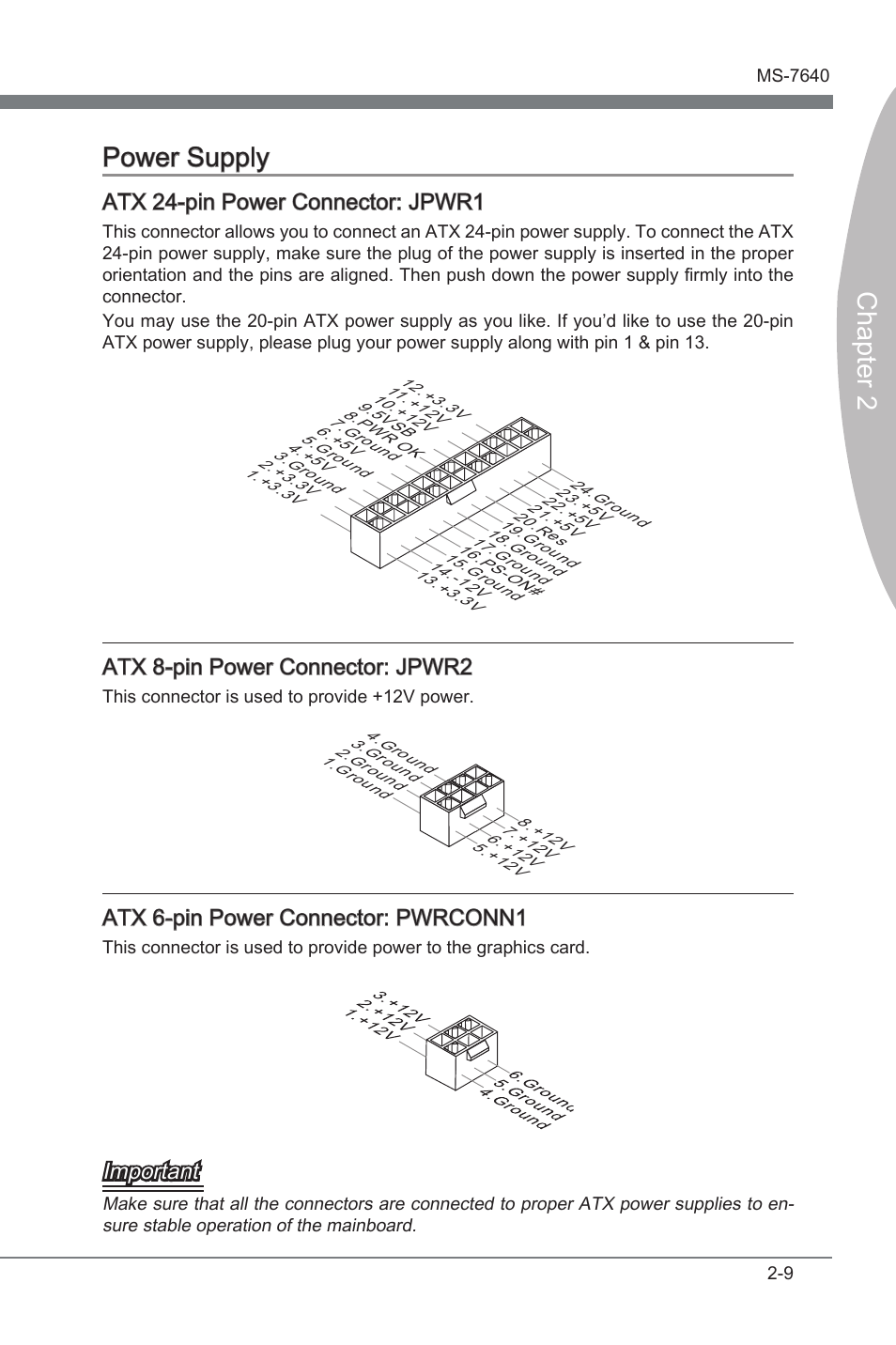 Power supply, Power supply -9, Chapter 2 | Chapter 2 power supply, Atx 24-pn power connector: jpwr1, Atx 8-pn power connector: jpwr2, Atx 6-pn power connector: pwrconn1, Important | MSI 890FXA-GD65 User Manual | Page 25 / 80