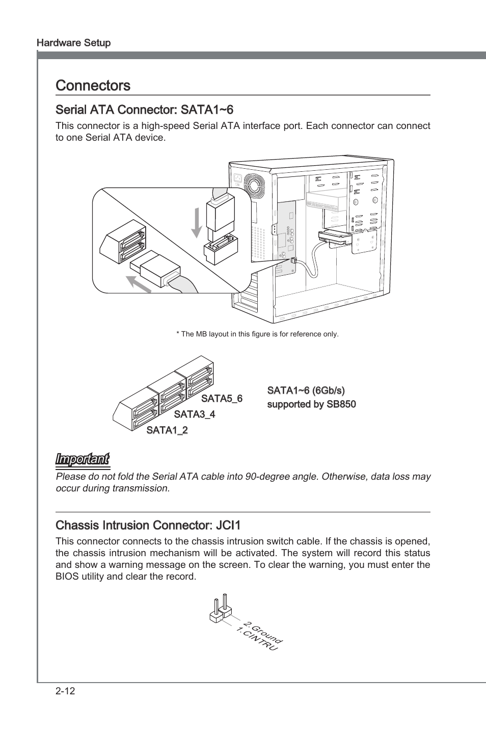 Connectors, Connectors -12, Chapter 2 | Chapter 2 connectors, Seral ata connector: sata1~6, Important, Chasss intruson connector: jci1 | MSI 890FXA-GD65 User Manual | Page 28 / 80